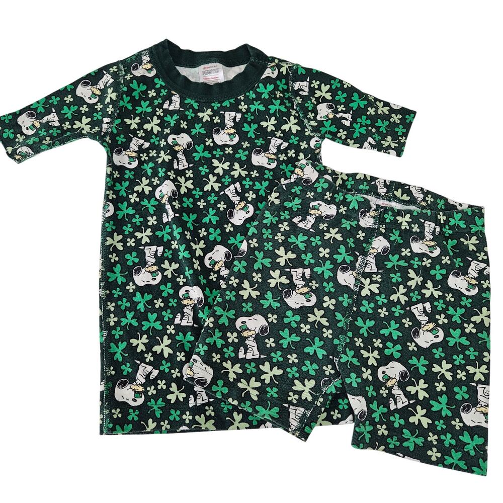Hanna Andersson Peanuts Short Pajama Set 120 6-7 Green Snoopy St. Patricks Day